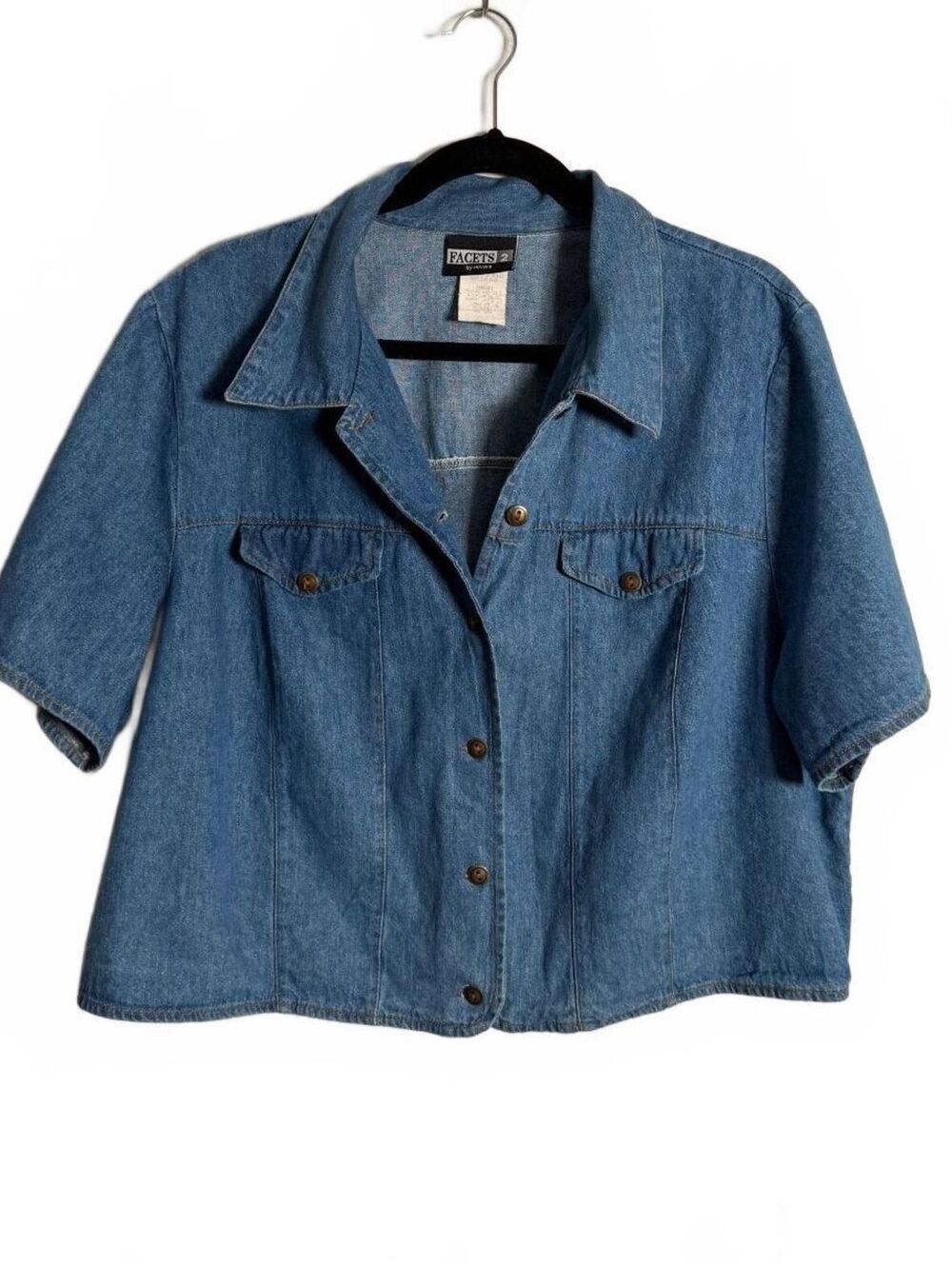 Vintage 90s Box Crop Denim Short Sleeve Button-Up